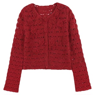 利达 NEW DADADA【活泼俏丽】红色圣诞毛衣女绣花镂空针织衫女