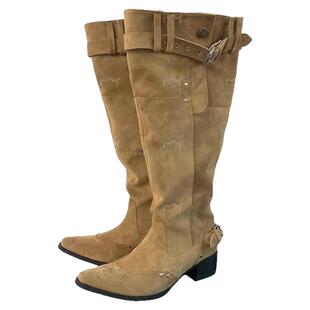 2026春夏新款粗跟大筒围牛反绒长筒靴显瘦尖头皮带扣褶皱堆堆靴女