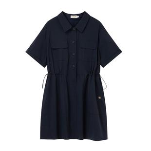 【凉感】Eland衣恋连衣裙女翻领抽绳收腰休闲裙子夏