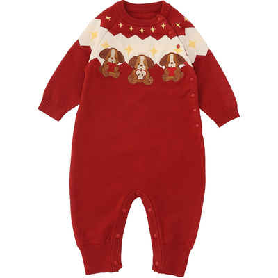 婴儿针织连体衣毛衣红色喜庆新年