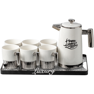 北欧家用水具套装轻奢冷水壶带托盘陶瓷茶杯耐高温网红水杯凉白开