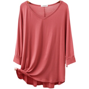 莫代尔打底衫女宽松薄款短袖春秋内搭大码居家服睡衣前短后长t恤