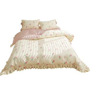 春日可颂 甜美公主风全棉花边四件套床单被套纯棉原创奶油系碎花