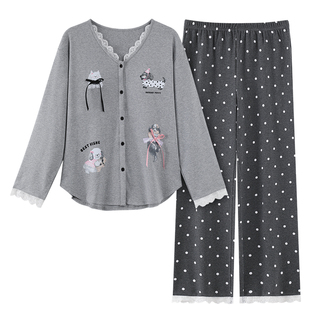 自带胸垫睡衣女春秋长袖纯棉2025新款花边圆领卡通少女家居服套装