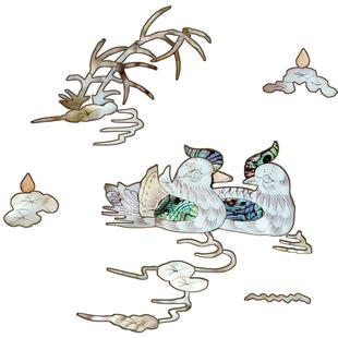 水移画仿螺钿鸳鸯花鸟家具乐器装饰画古筝鼓凳水转印中式贝壳贴纸