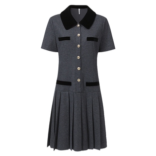 VGRASS维格娜丝春季羊毛千金风年轻感精致显瘦拼接压褶灰色连衣裙