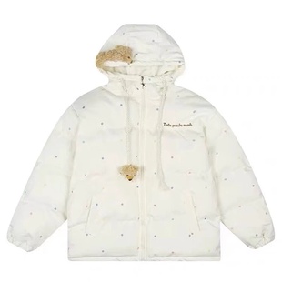 日系可爱小熊挂件棉服女冬季宽松甜美波点棉服小个子加厚保暖外套