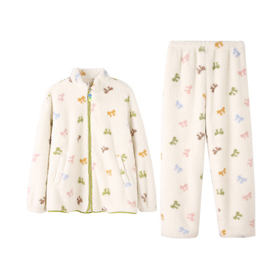 安之伴【巨保暖】睡衣女款秋冬季珊瑚绒家居服拉链保暖法兰绒套装
