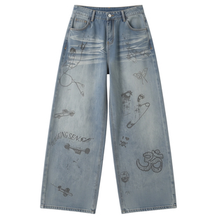 男士宽松加绒加厚牛仔裤男款冬季美式裤子弯刀裤阔腿裤2025新款