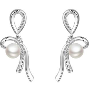 周六福淡水珍珠蝴蝶结S925银耳饰甜耀公主结耳钉送女友本命年礼物