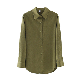 抗皱牛油果绿灯芯绒磨毛衬衫女加厚秋冬季叠穿长袖设计感打底衬衣