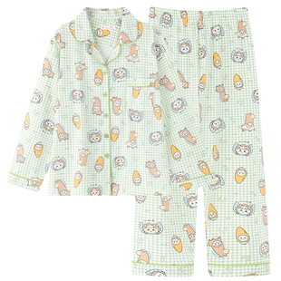 纯棉chiikawa吉伊卡哇睡衣女春秋长袖日系格子慵懒风家居服薄荷绿