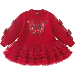 米米哈罗女童加绒连衣裙冬装2025新款儿童蓬蓬公主裙小女孩卫衣裙