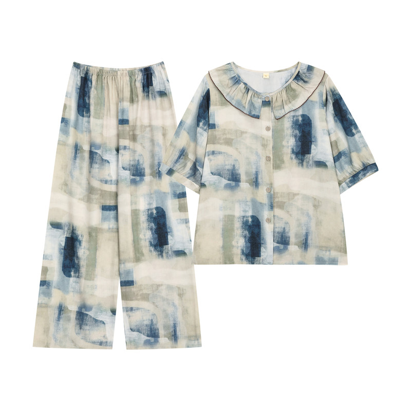 睡衣女夏季纯棉绸简约女装时尚开衫薄款绵绸可外穿中袖家居服套装