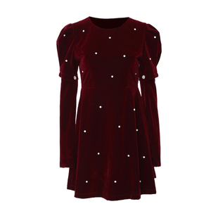 DPLAY【惠品 礼服】新年红色丝绒连衣裙女泡泡袖袖套小礼服生日裙