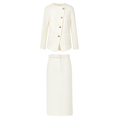 朗姿羊毛圆领斜襟小香风白色短外套/半身裙通勤套装2025冬季新款