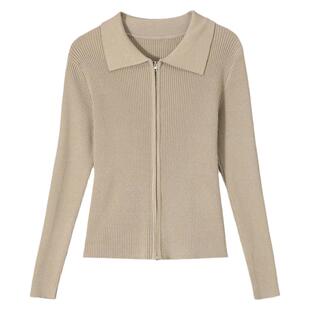 polo领薄款针织衫女短款长袖2026春季新款女装拉链毛衣外套女开衫