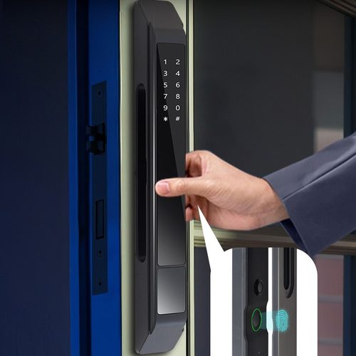 断桥铝指纹锁平移门窄边推拉门玻璃门APP刷卡外密码智能电子锁