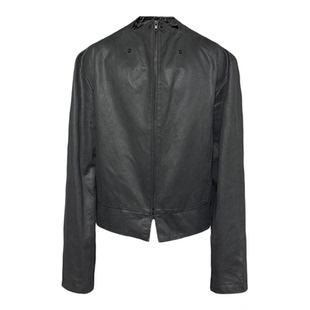 JCAESAR LEATHER JACKET 异形领按扣皮衣 蜡感硬挺皮料 下摆开叉