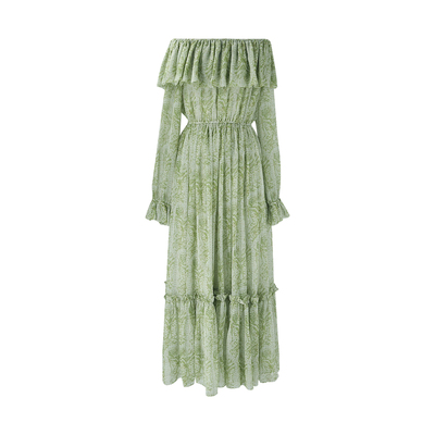 SYT自制 温柔风荷叶领一字领波西米亚花纹宽松型度假A字连衣裙女