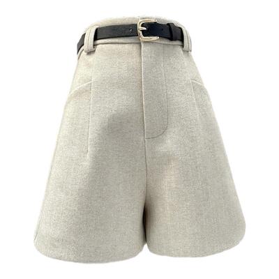 通勤高腰阔腿裤毛呢短裤休闲裤