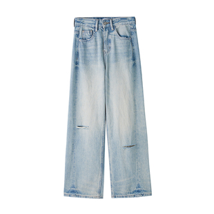 REMOULD 2024夏新款美式潮破洞宽松浅蓝直筒辣妹薄款阔腿牛仔裤女