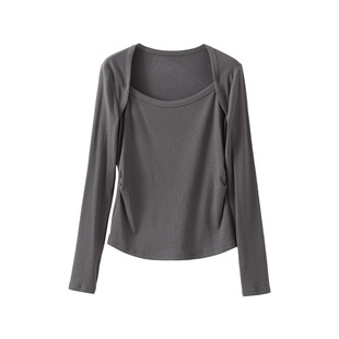 【到手129元】法式方领长袖加绒锁骨T恤显瘦内搭叠穿打底衫上衣女