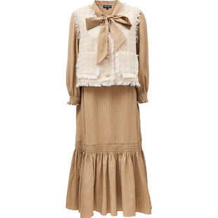 Vero Moda连衣裙秋冬编织毛边马甲V领系带长裙套装32447C008