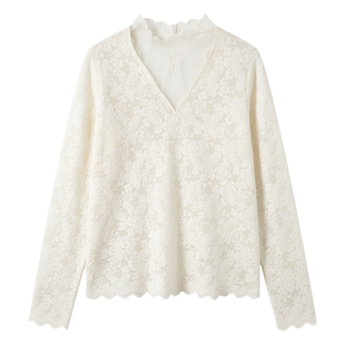 米白色女士蕾丝内搭上衣长袖宽松微胖mm气质显瘦半高领打底衫薄款