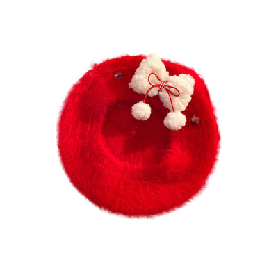 蝴蝶结兔毛贝雷帽女冬季显脸小