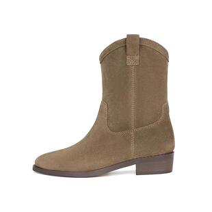 真皮阿希哥中筒尖头粗跟西部牛仔靴短靴女2024新款秋冬骑士马丁靴