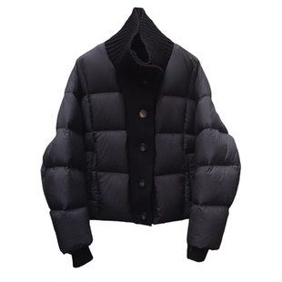 高端轻奢针织翻领短款羽绒服女2025冬季新款90白鸭绒泡芙超轻外套