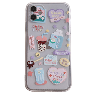 ins风可爱贴纸风奶茶适用15苹果14手机壳iphone13透明14pro全包max防摔14promax硅胶保护套ip11/12