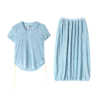 有耳uare原创设计 澄澈的涟漪 百叶针织抽绳短袖套装