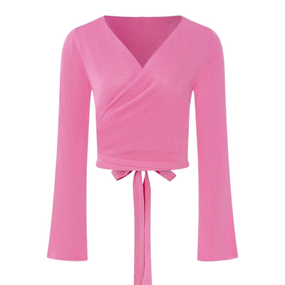 DPLAY2025年秋季新款粉色针织衫女修身打底衫长袖短款V领上衣