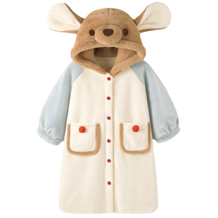 Pinksea睡袍女款秋冬季珊瑚绒加厚保暖可爱袋鼠可外穿家居服浴袍