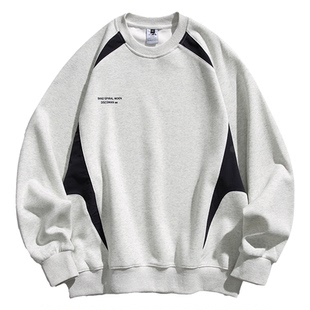 春秋季美式字母印花简约男士圆领卫衣潮牌休闲拼色百搭高街男外套