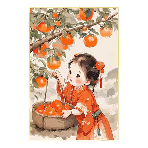 5d带框玄关钻石画柿柿如意满钻2026新款客厅粘钻石十字绣卡通女孩