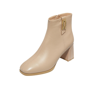 哈森秋冬新款商场同款方头粗跟时装靴羊皮女短靴单靴HA222520