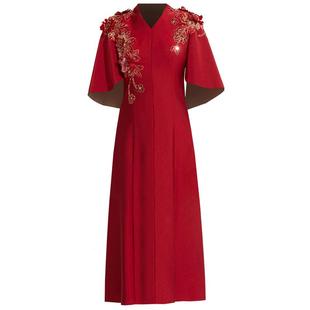 创意狐红色修身贴花刺绣高端晚宴会主持人气质礼服裙演出服连衣裙