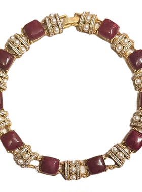 宫廷中古vintage复古气质做旧红色方形天然石珍珠项链耳环手链女