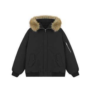 @港仔文艺男 连帽毛领棉衣男冬季加厚外套美式短款工装飞行员棉服