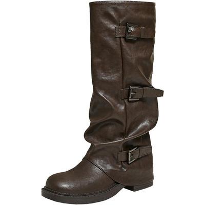 百思图2025冬新款棕色裤管靴大筒围骑士靴女高筒堆堆长靴B8605DG5