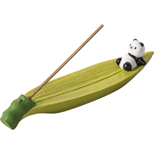 可爱熊猫卧香盒陶瓷摆件创意竹子叶子线香插竹筏渔翁远山香托香座