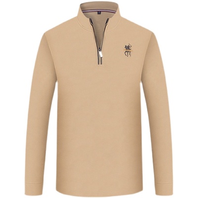 立领半拉链长袖t恤POLO衫卡其色