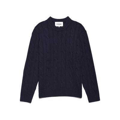 FRAME男士藏蓝色羊绒绞花针织圆领套头毛衣