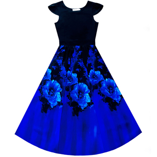 气质复古圆领短袖拼接碎花女连衣裙长款大摆雪纺沙滩裙渡假长裙子