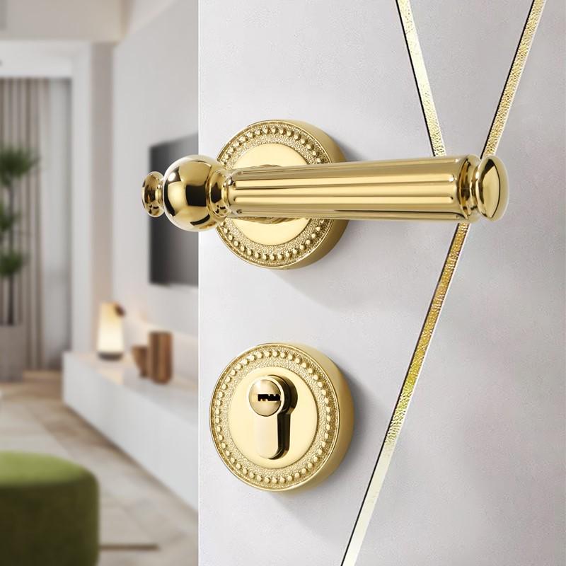 卧室分体磁吸静音门锁法式门锁房间PVD金色奶油门把手奢轻木门风