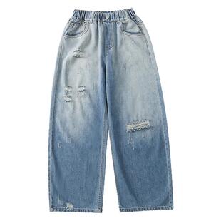 女童裤子春秋2026新款儿童洋气渐变破洞宽松直筒阔腿裤大童牛仔裤