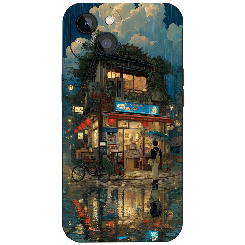 日系插画雨夜老街小店文艺怀旧手机壳适用苹果17液态硅胶17E磨砂16小众个性Air磁吸iPhone18ProMax防摔保护套